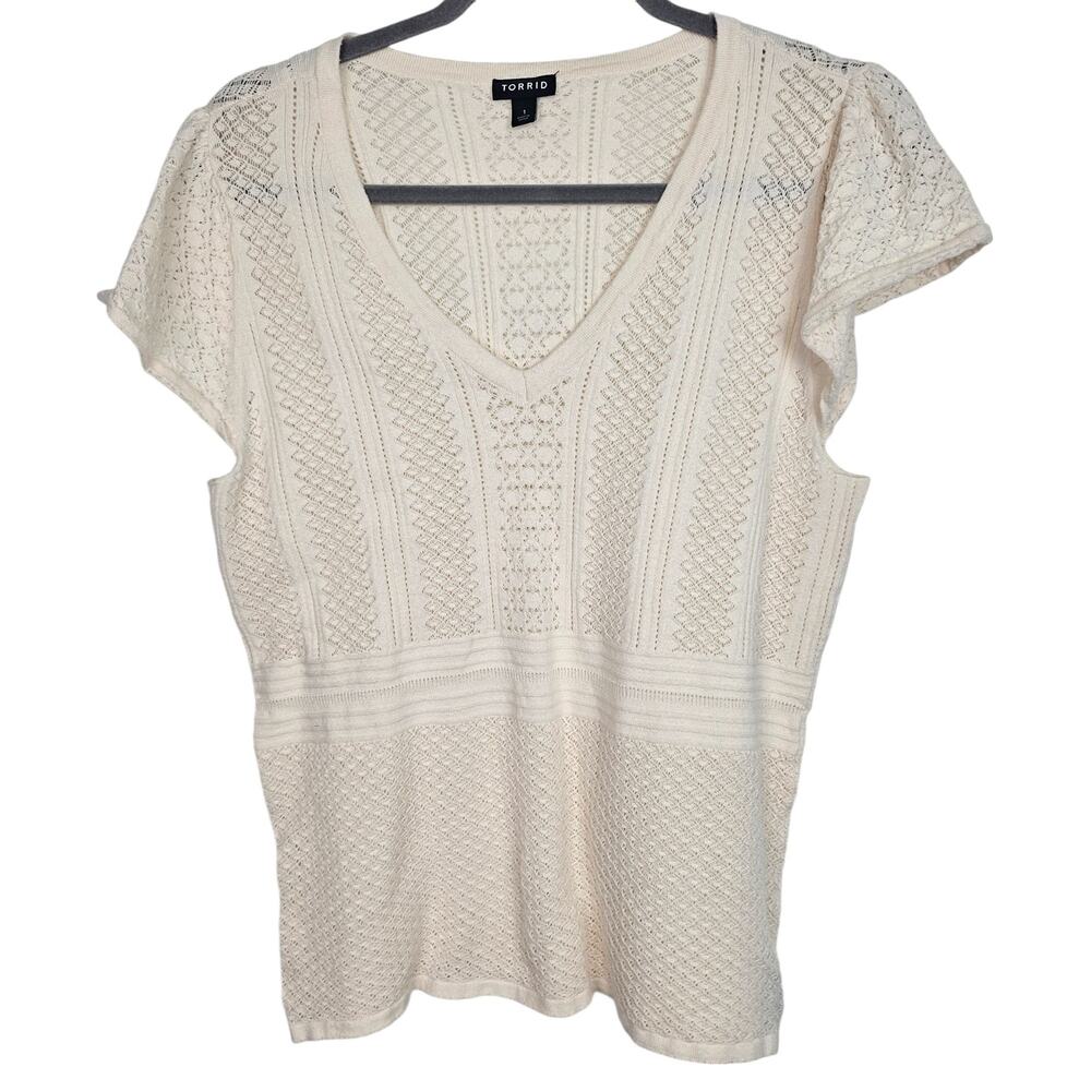 Torrid Sweater Pointelle Sweater Knit Sweater Women 1X Ivory V-Neck Sweater